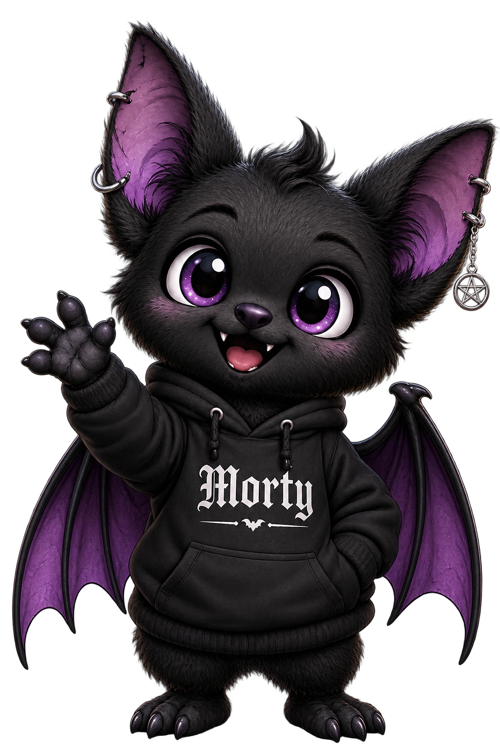 Morty Blackwing, das Maskottchen, eine kleine schwarze Fledermaus mit lila Ohren im schwarzen Hoodie